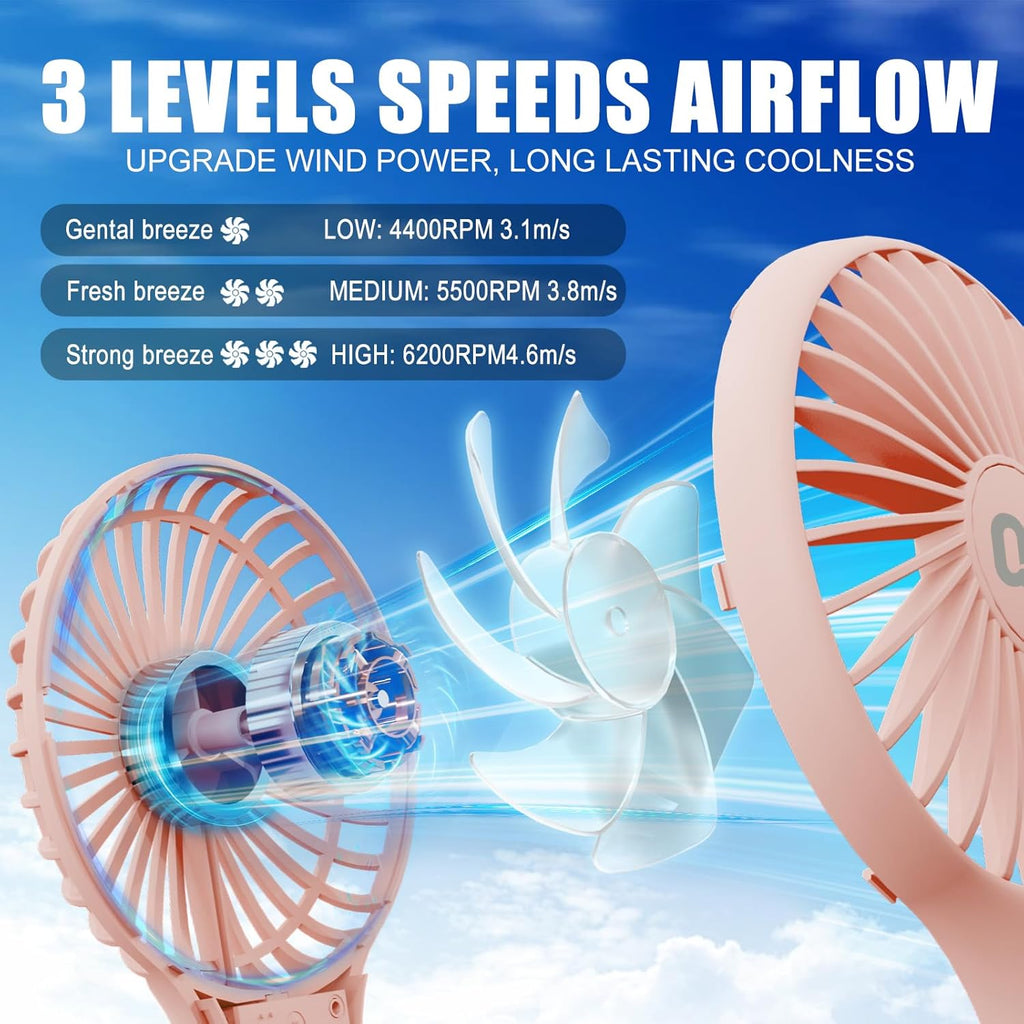 Mini Handheld Fan, Small Personal Cooler with 3 Speeds, Portable Battery Operated, USB Rechargeable Makeup Eyelash Dryer, Strong Airflow for Travel, Office, Outdoor, Women, Men, and Kids(Pink)