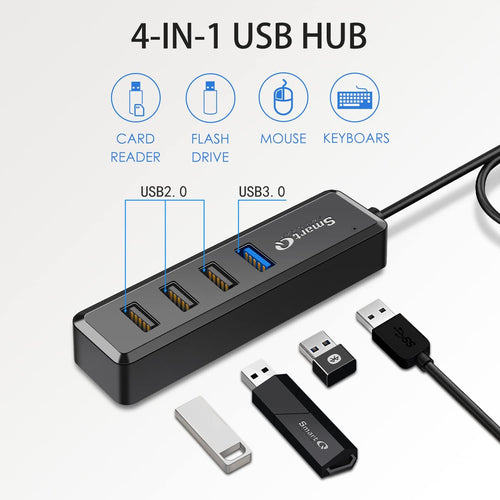 4-Port Hub - 1 USB 3.0 + 3 USB 2.0 Ports for Macbook, Mac Pro, Mac Mini, Imac, Surface Pro, XPS, PC, Flash Drive, Mobile HDD, Laptop Extension Cable