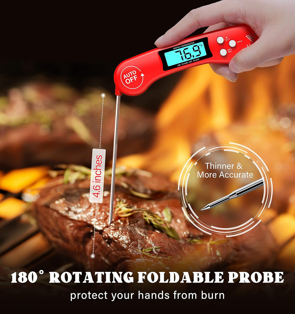 Digital Meat Thermometer, Instant Read Food Thermometer for Cooking with Backlit & Auto-Rotating Display, 4.6” Probe for Grilling, Baking, and Perfect BBQ