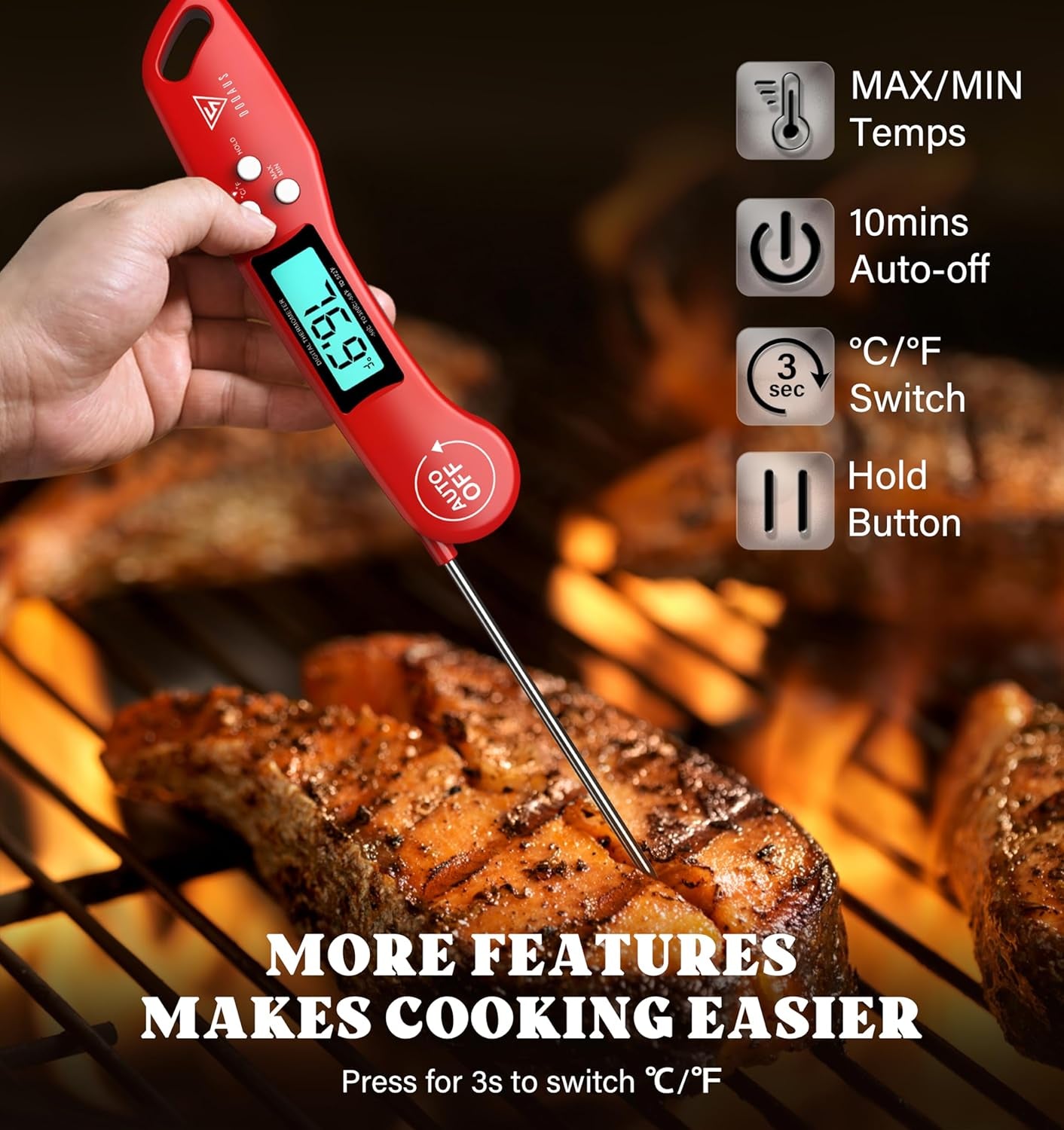 Digital Meat Thermometer, Instant Read Food Thermometer for Cooking with Backlit & Auto-Rotating Display, 4.6” Probe for Grilling, Baking, and Perfect BBQ